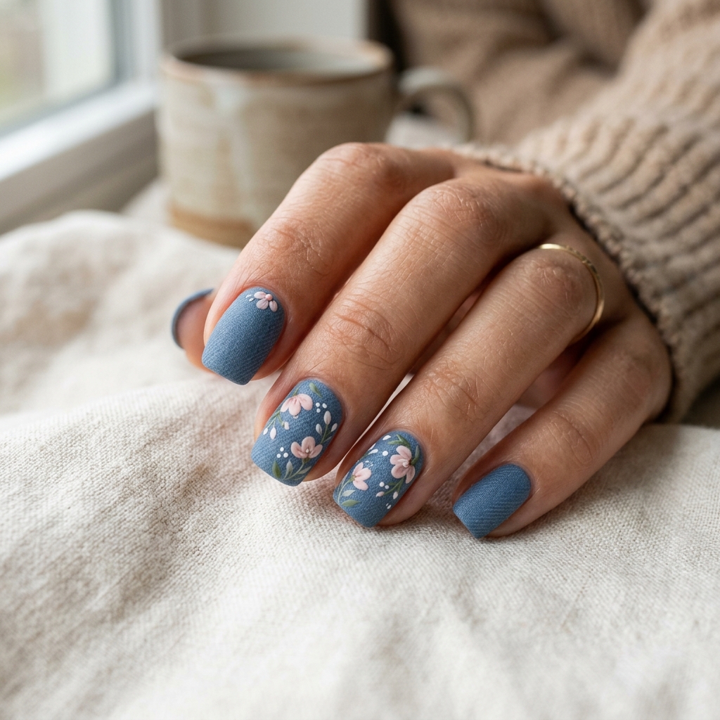 Denim Blue and Pink Accent Nails Idea