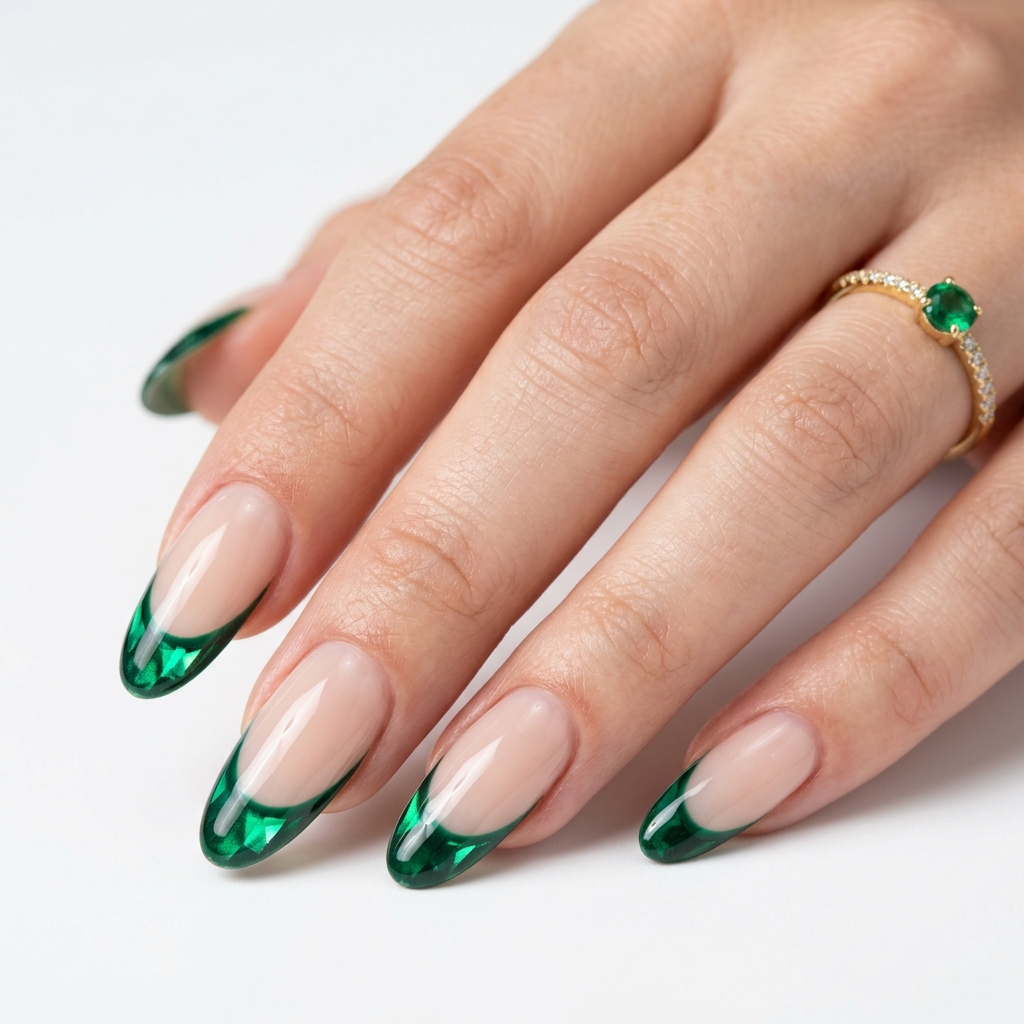 Dark Green French Tip Nails: 30 Stunning Ideas for Your Next Manicure 3 Emerald Dark Green French Tip Nails Ideas