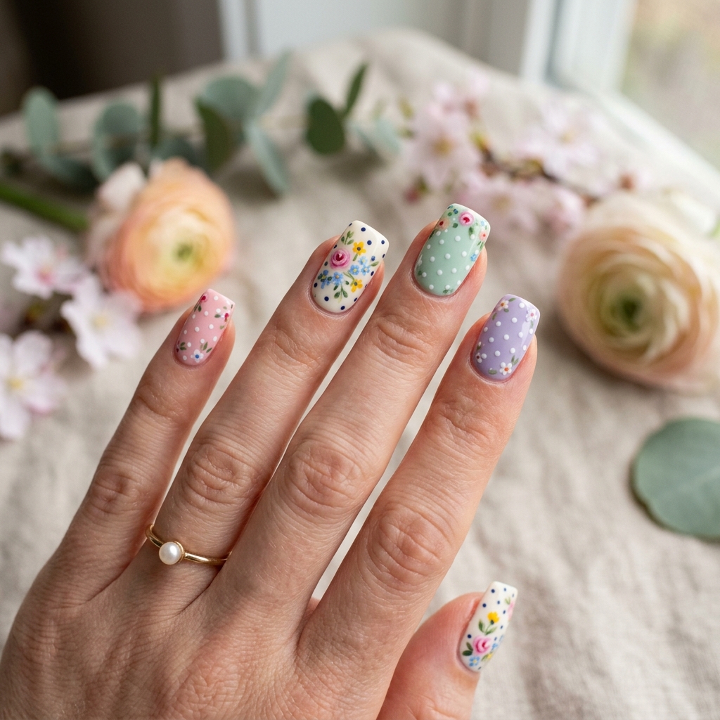 Floral and Polka Dot Nails Idea