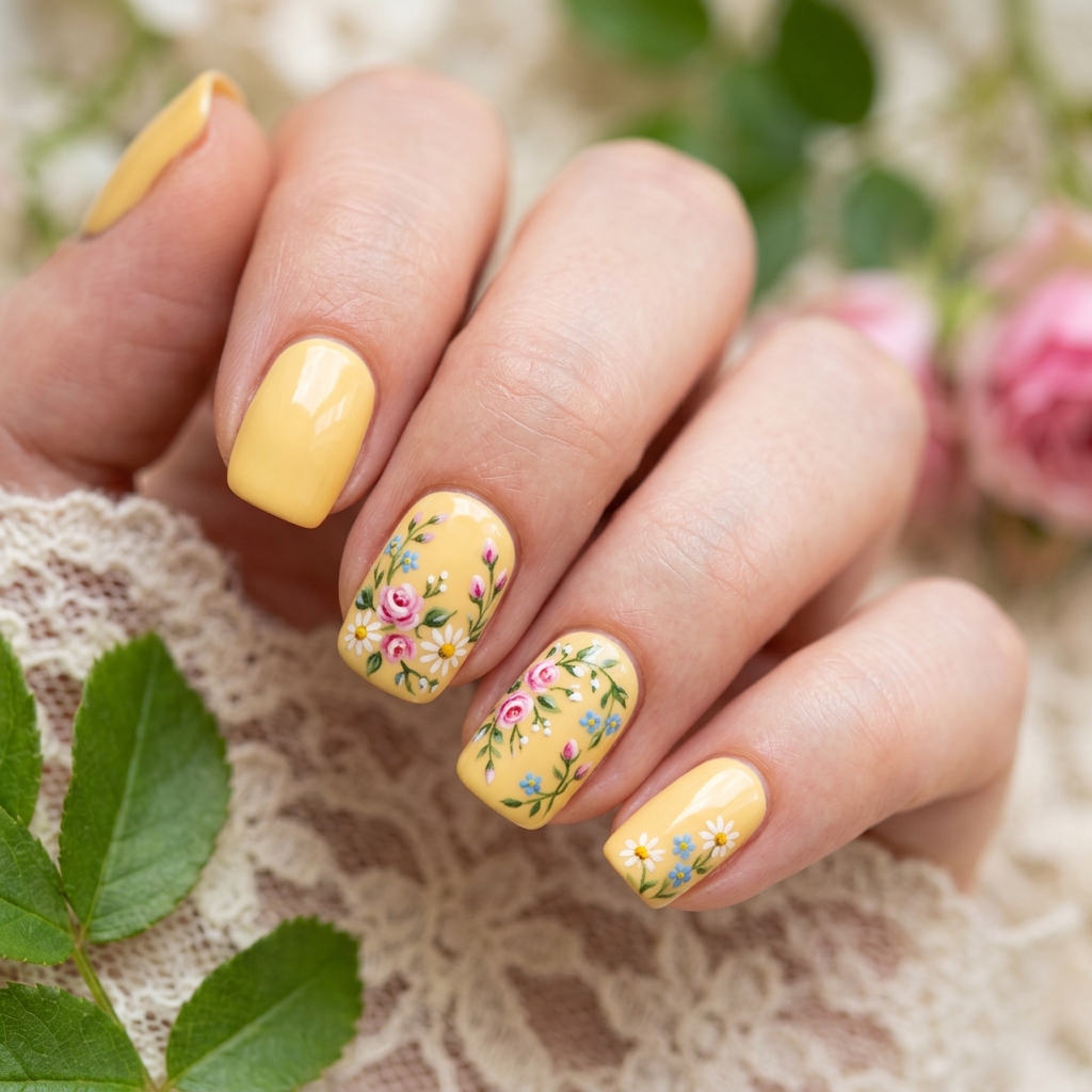 Floral Butter Yellow Nails Idea