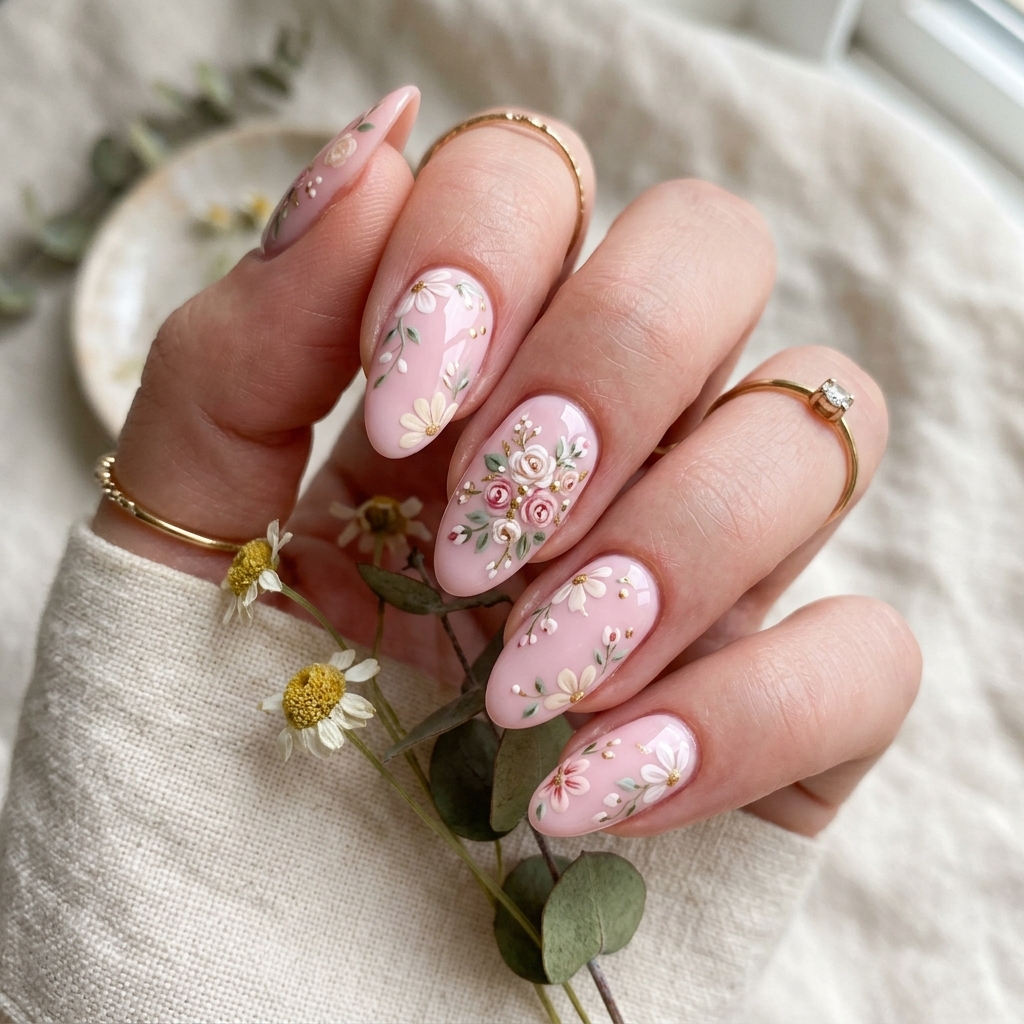 Floral Light Pink Nails Ideas