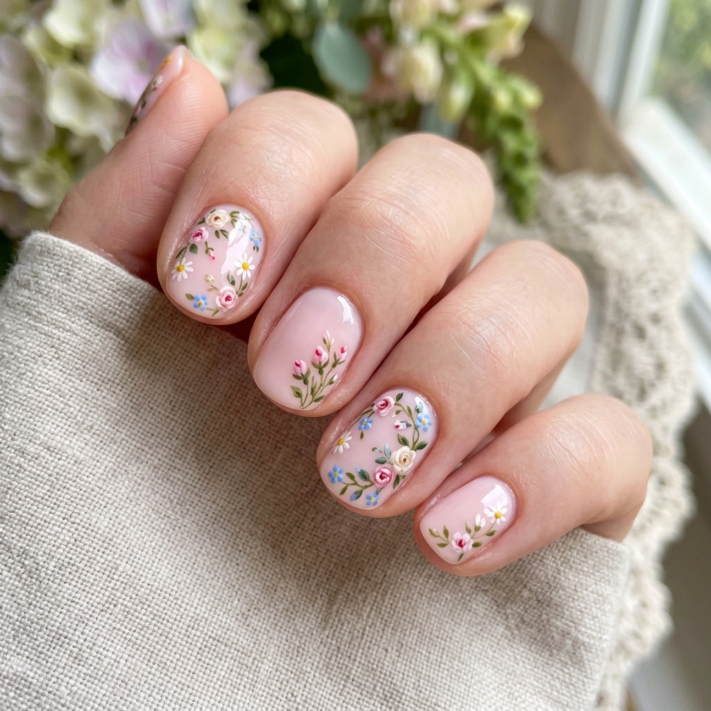 30 Short Round Nails Ideas That Bring Effortless Style to Life 22 Floral Pattern Short Round Nails Idea