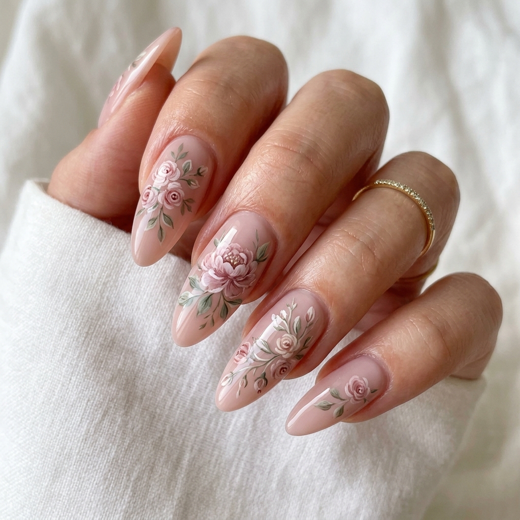 Flower Nails: 30 Stunning Floral Ideas to Inspire Your Next Manicure 17 Flower Nails Almond Shape Ideas