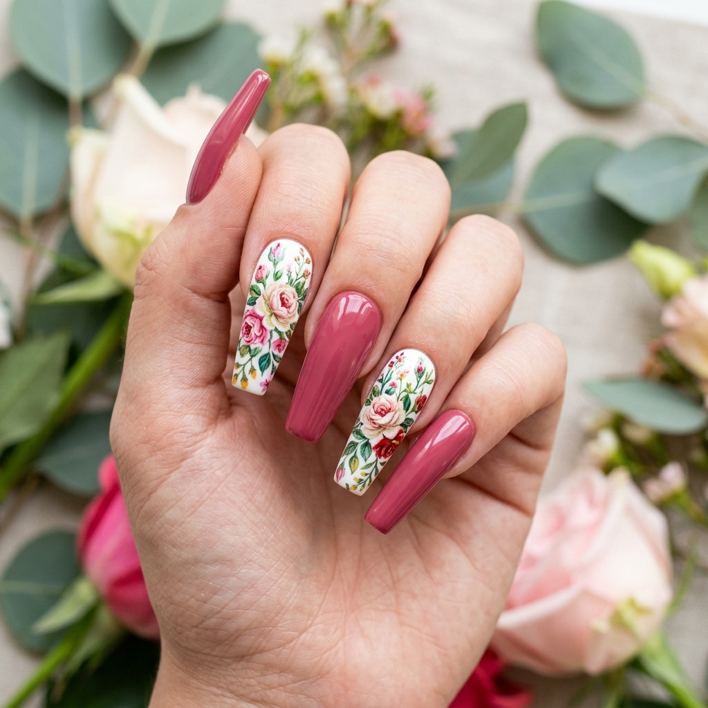 Flower Nails: 30 Stunning Floral Ideas to Inspire Your Next Manicure 16 Flower Nails Coffin Shape Ideas