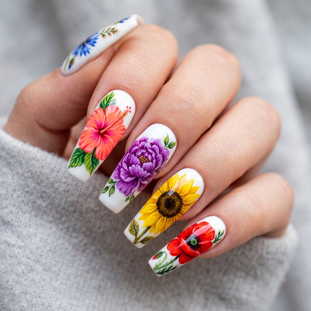 Flower Nails: 30 Stunning Floral Ideas to Inspire Your Next Manicure 23 Bold and Colorful Flower Nails Ideas