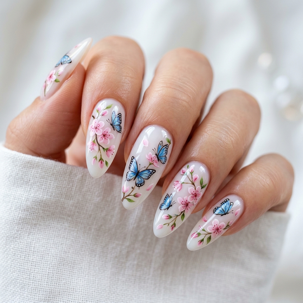 Flower Nails: 30 Stunning Floral Ideas to Inspire Your Next Manicure 30 Flower Nails with Butterflies Ideas