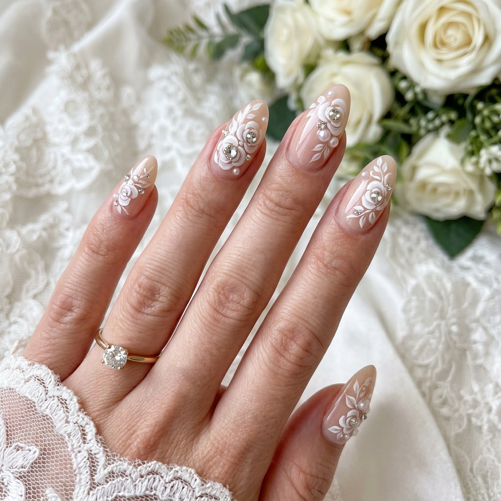 Flower Nails: 30 Stunning Floral Ideas to Inspire Your Next Manicure 18 Flower Nails with Gems and Rhinestones Ideas