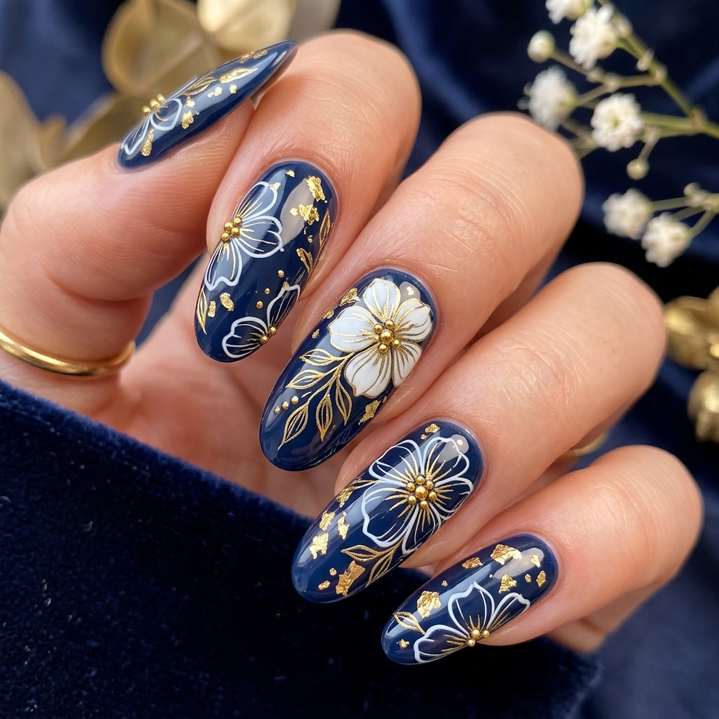 Flower Nails: 30 Stunning Floral Ideas to Inspire Your Next Manicure 19 Flower Nails with Gold Accents Ideas