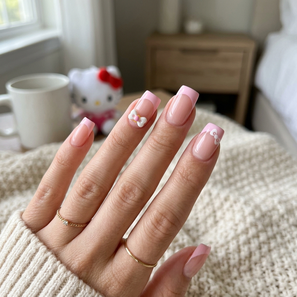 30 Hello Kitty Nails Ideas to Spark Your Next Manicure 6 French Tip Hello Kitty Nails Idea