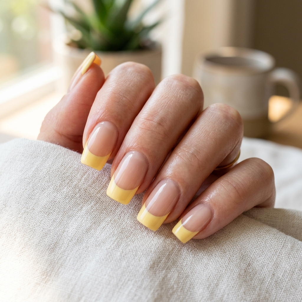 French Tip Butter Yellow Nails Idea