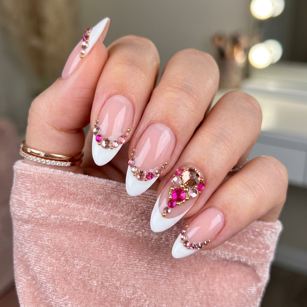 Pink French Tip Nails with Gems Ideas
