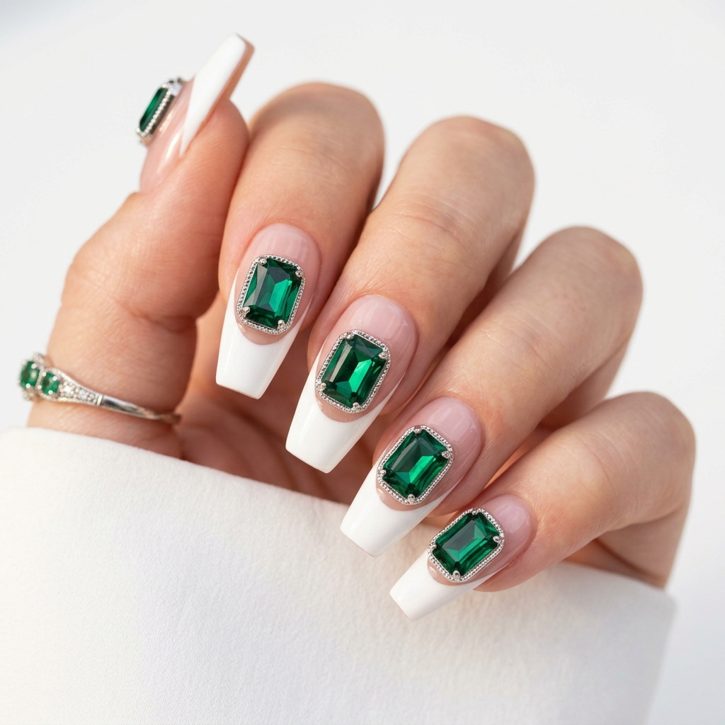 Emerald French Tip Nails with Gems Ideas