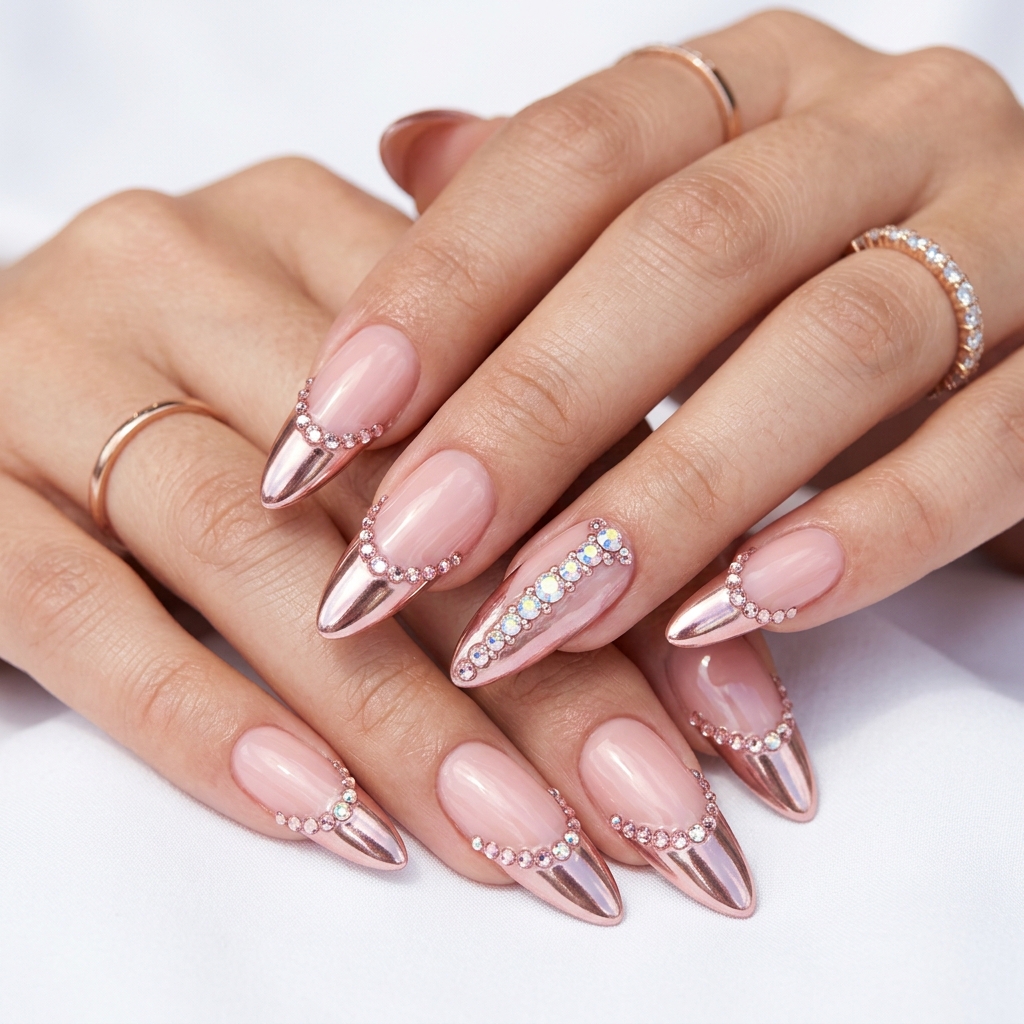 French Tip Nails with Gems Chrome Finish Ideas