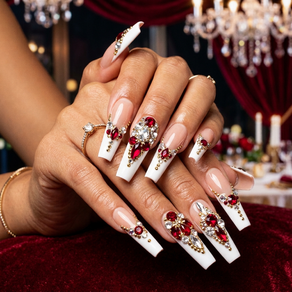 French Tip Nails with Gems for Special Occasions Ideas