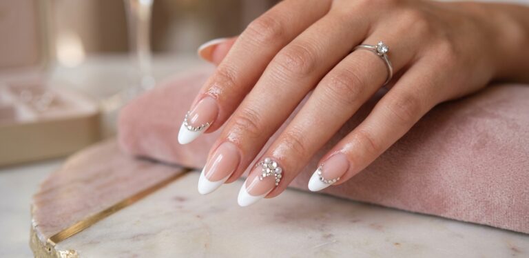 french tip nails with gems
