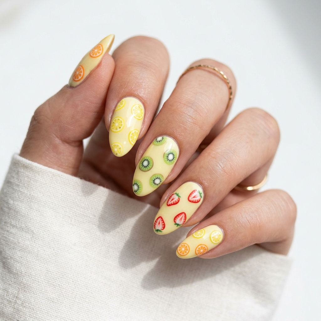 30 Dreamy Summer Almond Nails Ideas for Every Mood and Vibe 6 Fruit Slice Almond Nails Ideas