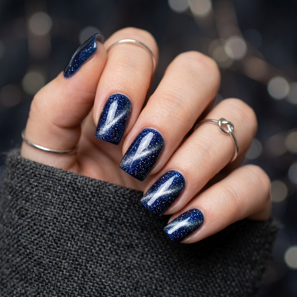 Galaxy Blue Cat Eye Nails Idea