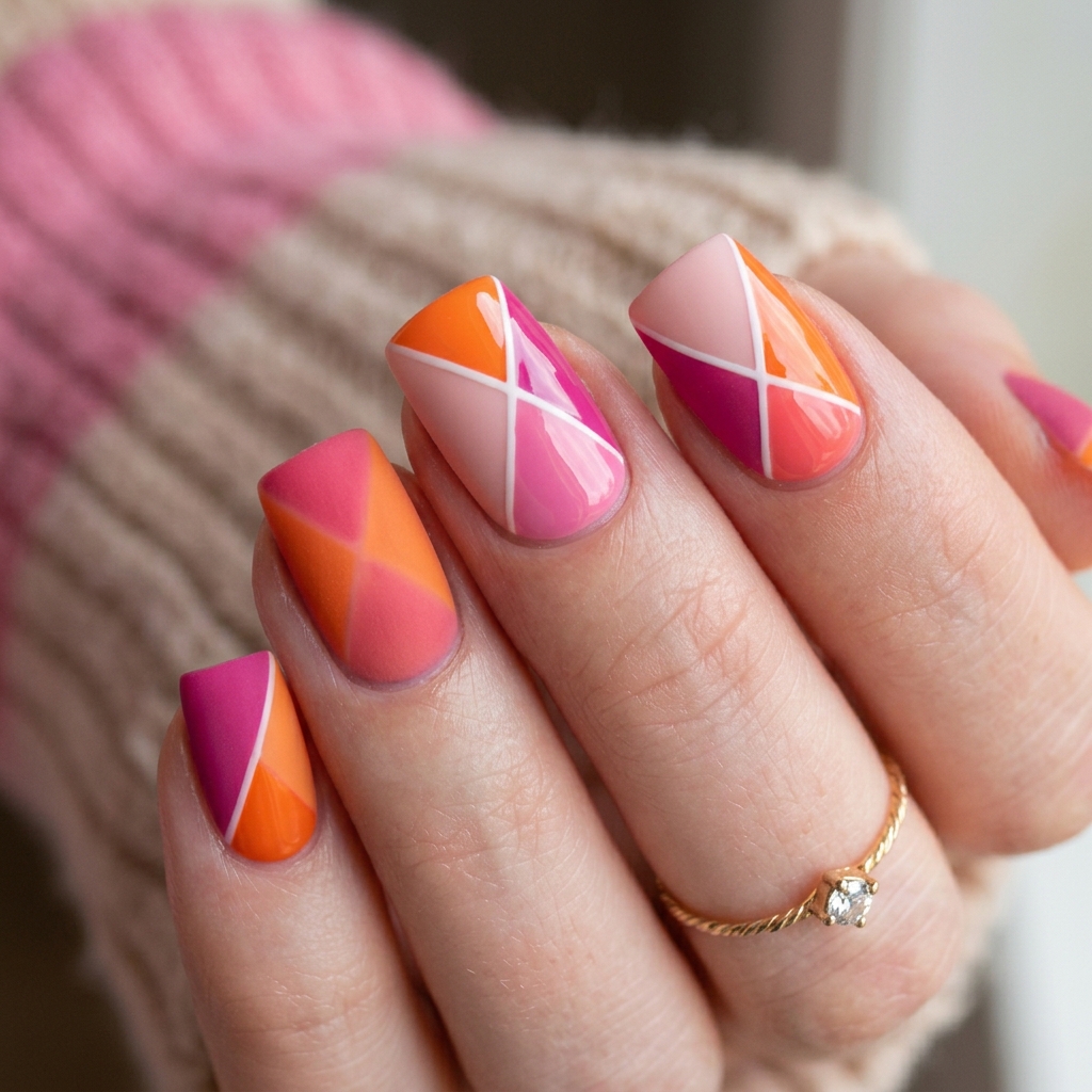 30 Pink and Orange Nails Ideas 10 Geometric Pink and Orange Nail Ideas