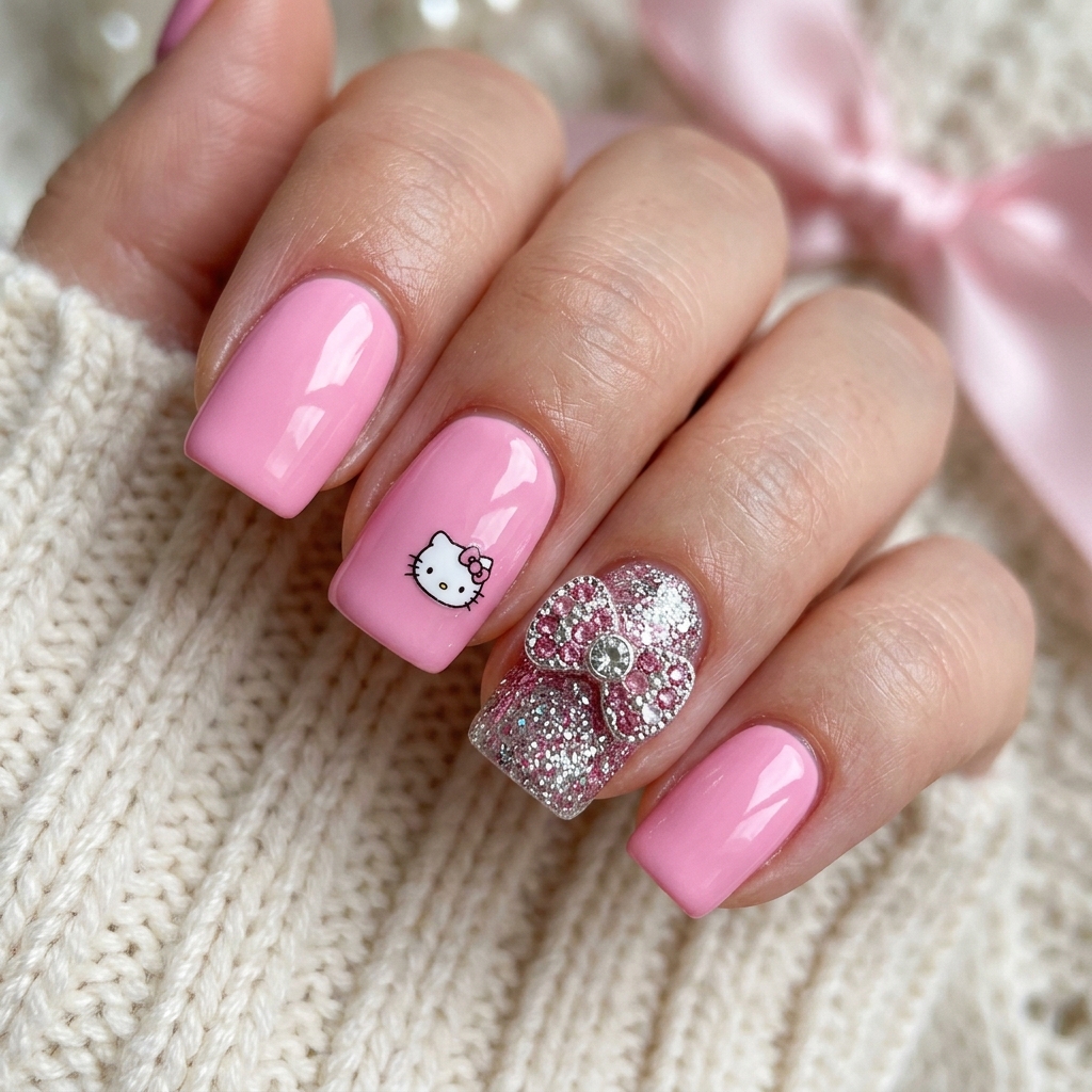 30 Hello Kitty Nails Ideas to Spark Your Next Manicure 3 Glitter Bow Hello Kitty Nails Idea