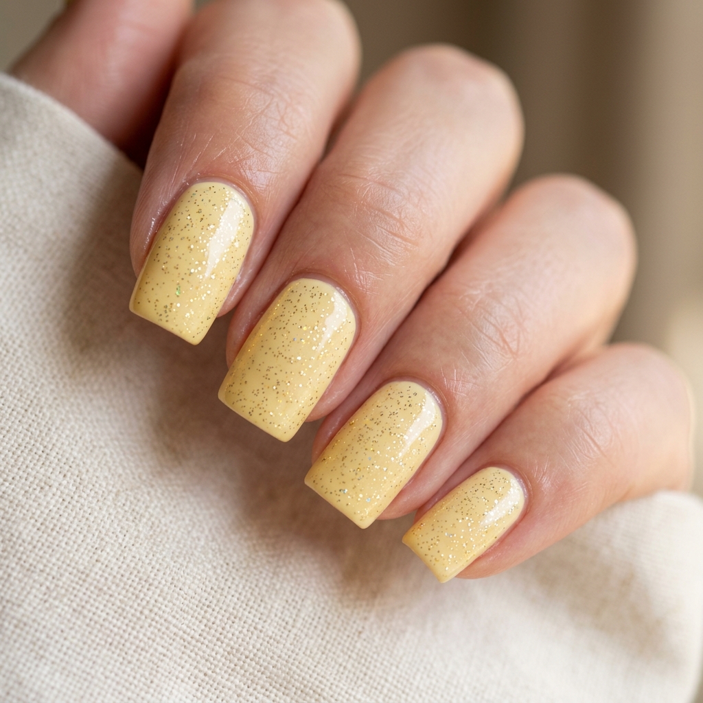 Glitter Accent Butter Yellow Nails Idea