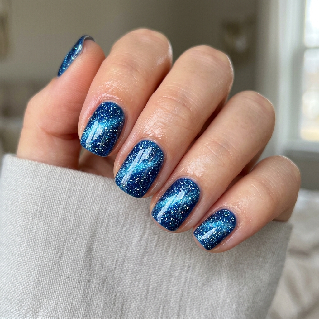 Glitter Blue Cat Eye Nails Idea