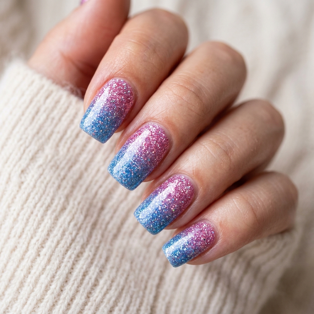 Glitter Ombre Pink and Blue Nails Idea