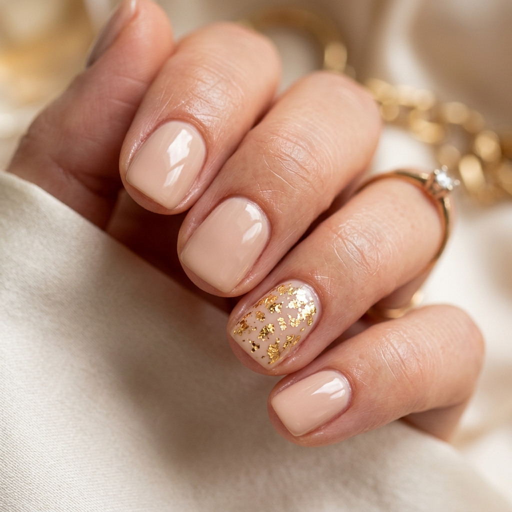 30 Short Round Nails Ideas That Bring Effortless Style to Life 13 Gold Foil Accent Short Round Nails Idea
