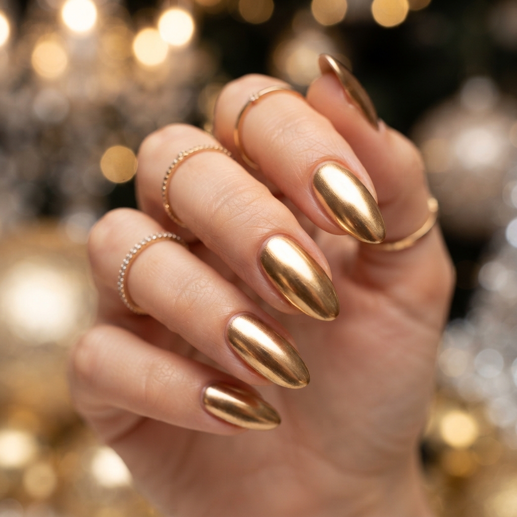 30 Winter Gel Nails Ideas You'll Want to Save 9 Metallic Gold Winter Gel Nails Idea