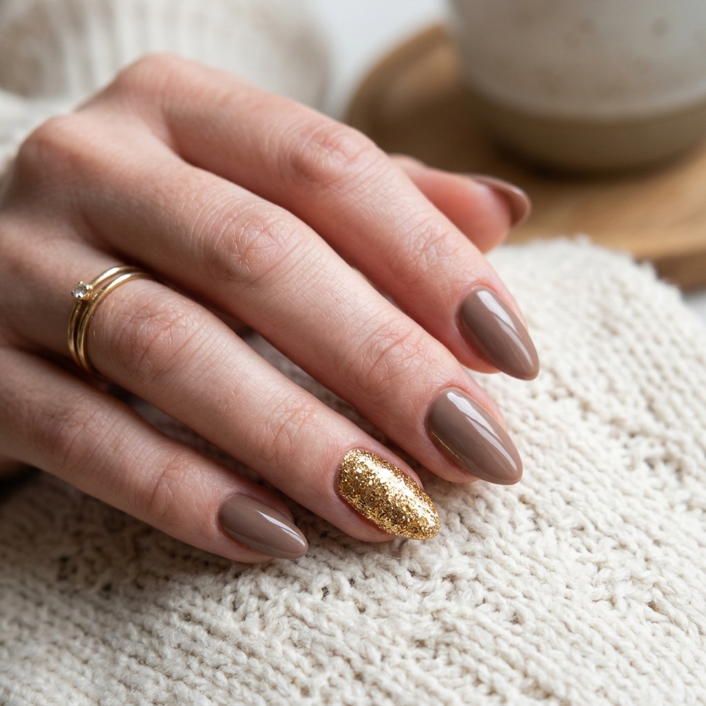 30 November Nails Inspo: Thanksgiving Ready Manicures You'll Love 16 Golden Glitter Accent Nails Ideas