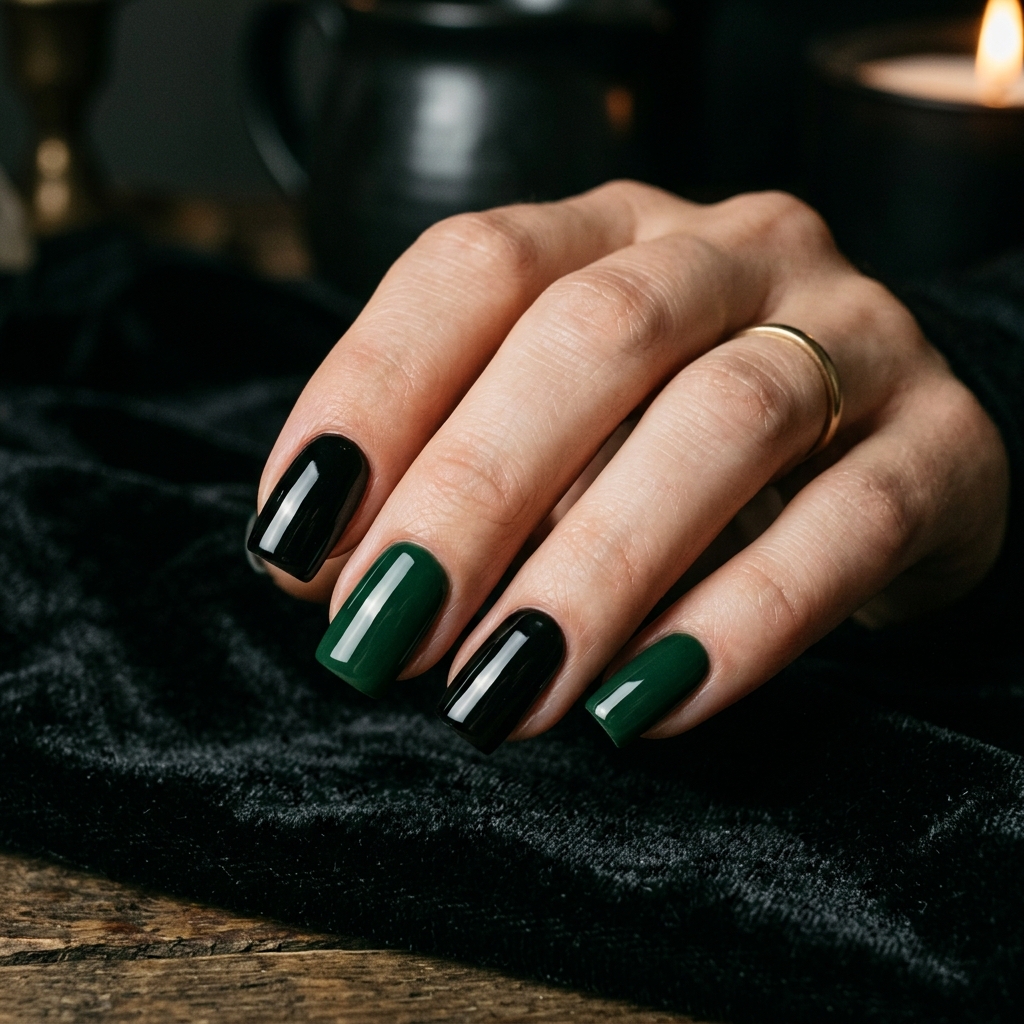 Green and Black Nails Idea