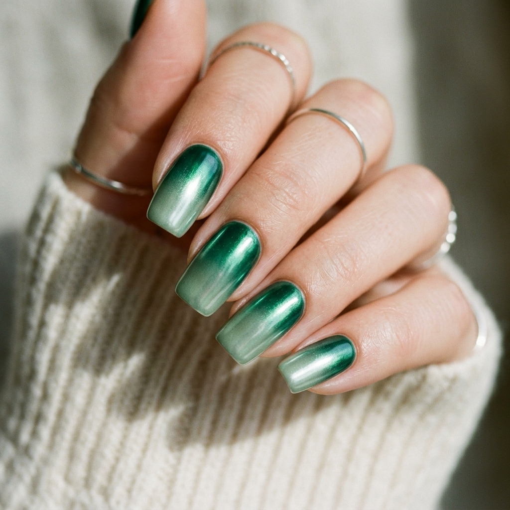 30 Chrome Ombre Nails Ideas for a Shine That Never Quits 22 Green Chrome Gradient Ideas