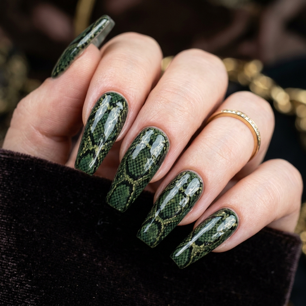 Green Snake Print Nails Idea