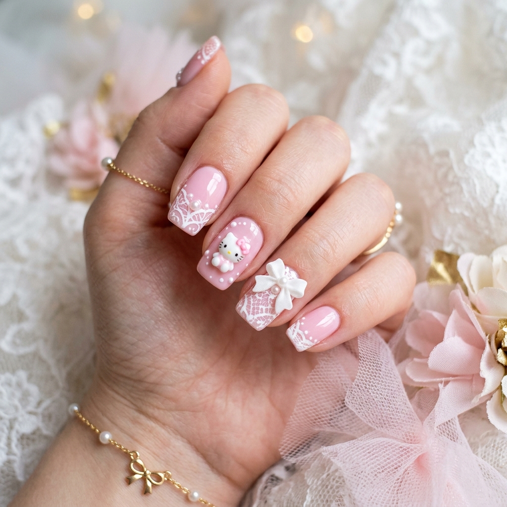30 Hello Kitty Nails Ideas to Spark Your Next Manicure 27 Hello Kitty Coquette Nails Idea