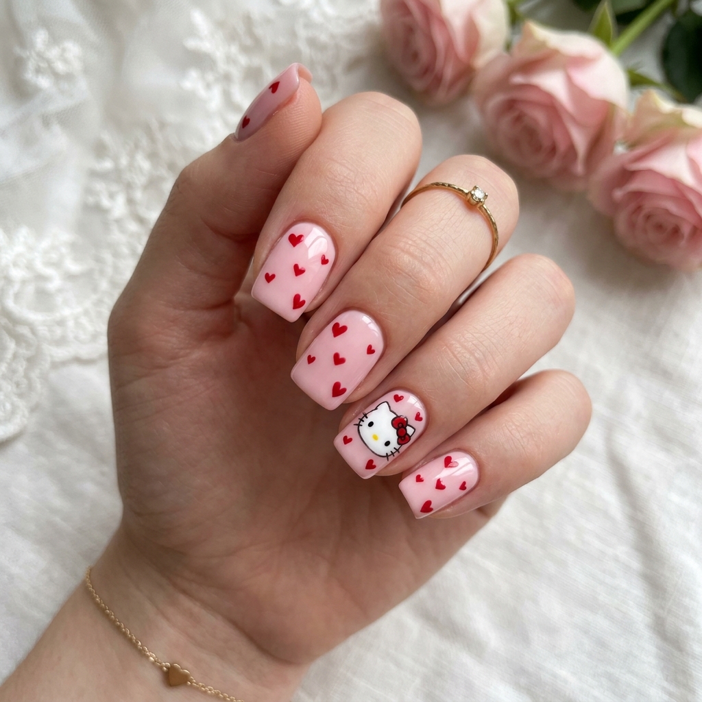 30 Hello Kitty Nails Ideas to Spark Your Next Manicure 18 Hello Kitty Nails With Hearts Idea