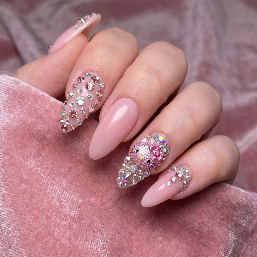 30 Hello Kitty Nails Ideas for Adorable Nail Designs 16 Hello Kitty Rhinestone Nails Ideas