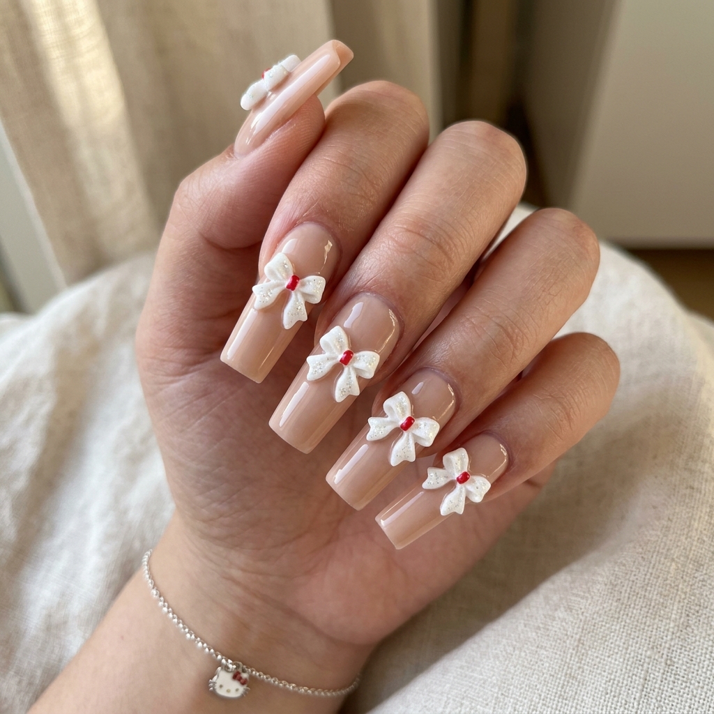 30 Hello Kitty Nails Ideas to Spark Your Next Manicure 13 Hello Kitty Bow Charm Nails Idea