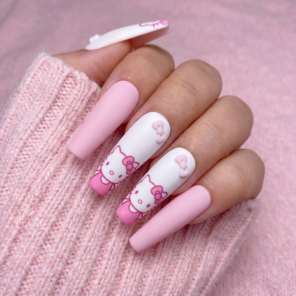 30 Hello Kitty Nails Ideas for Adorable Nail Designs 11 Coffin Hello Kitty Nails Idea