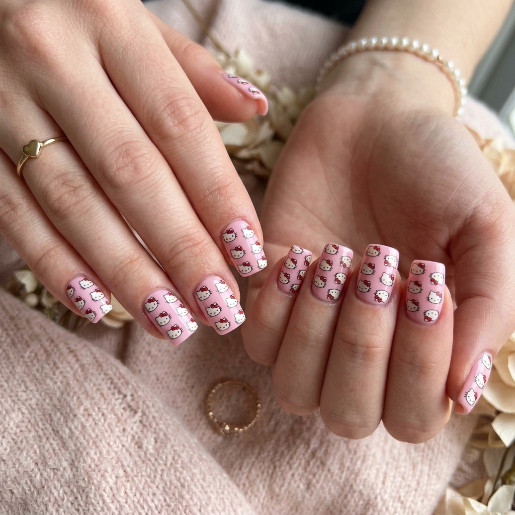 30 Hello Kitty Nails Ideas to Spark Your Next Manicure 16 Hello Kitty Face Full Set Idea