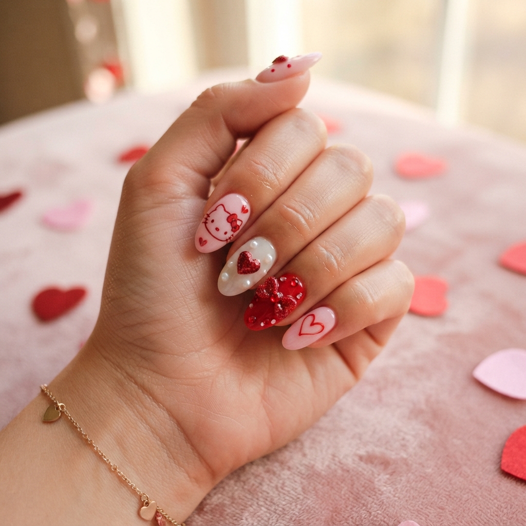30 Hello Kitty Nails Ideas for Adorable Nail Designs 20 Hello Kitty Bow and Heart Nail Ideas