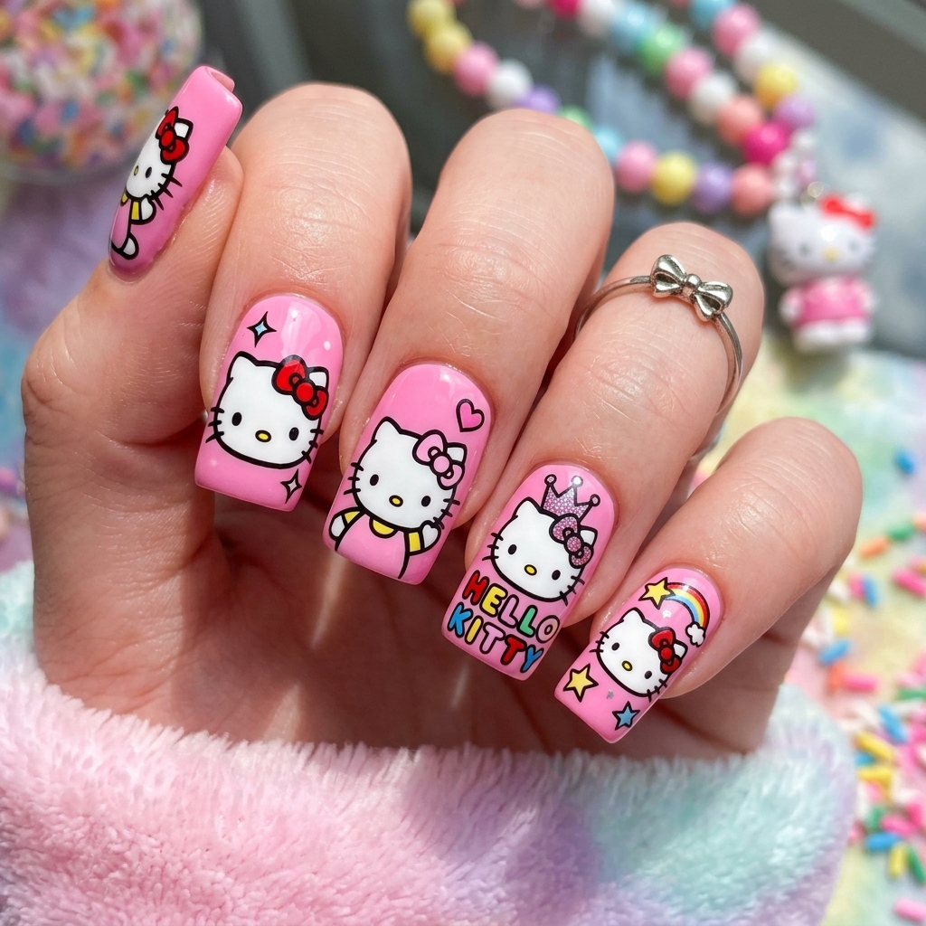 30 Hello Kitty Nails Ideas to Spark Your Next Manicure 14 Cartoon Hello Kitty Nail Idea