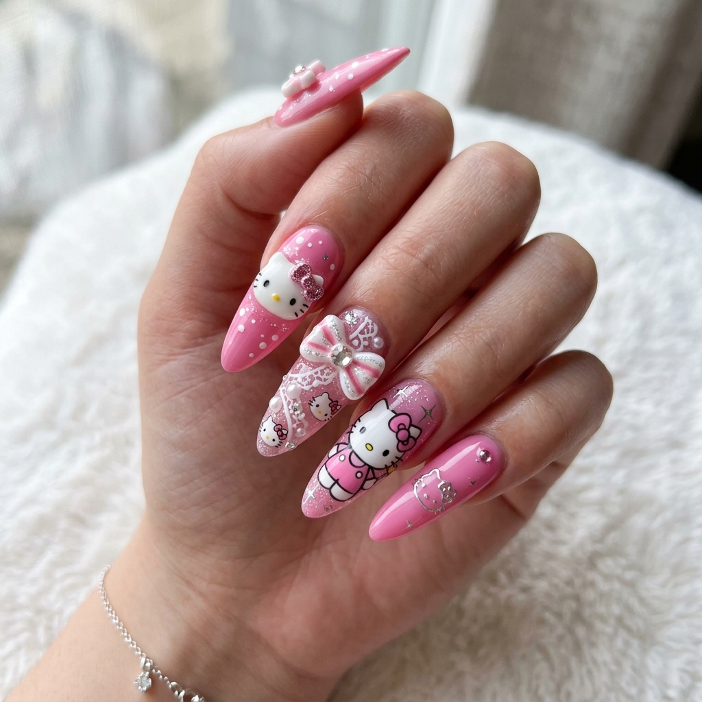 30 Hello Kitty Nails Ideas to Spark Your Next Manicure 23 Hello Kitty Nails For Long Nails Idea