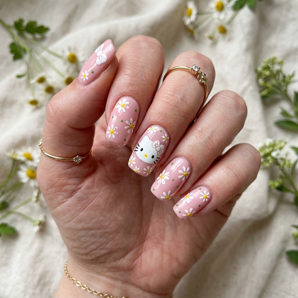 30 Hello Kitty Nails Ideas to Spark Your Next Manicure 25 Hello Kitty Nails With Flowers Idea