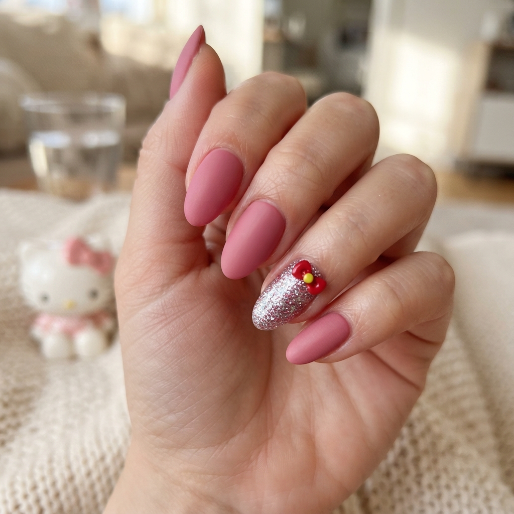 30 Hello Kitty Nails Ideas for Adorable Nail Designs 27 Sparkle Accent Hello Kitty Nails Idea
