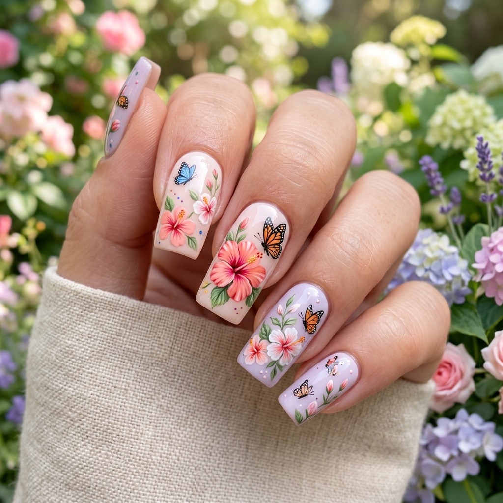 Butterfly and hibiscus flower nails Ideas