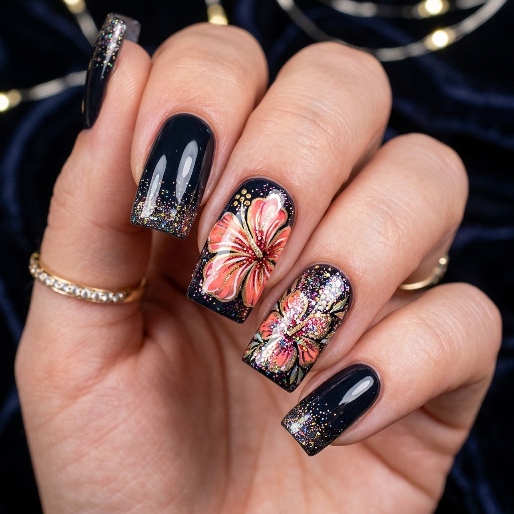 Glitter Hibiscus Nail Ideas