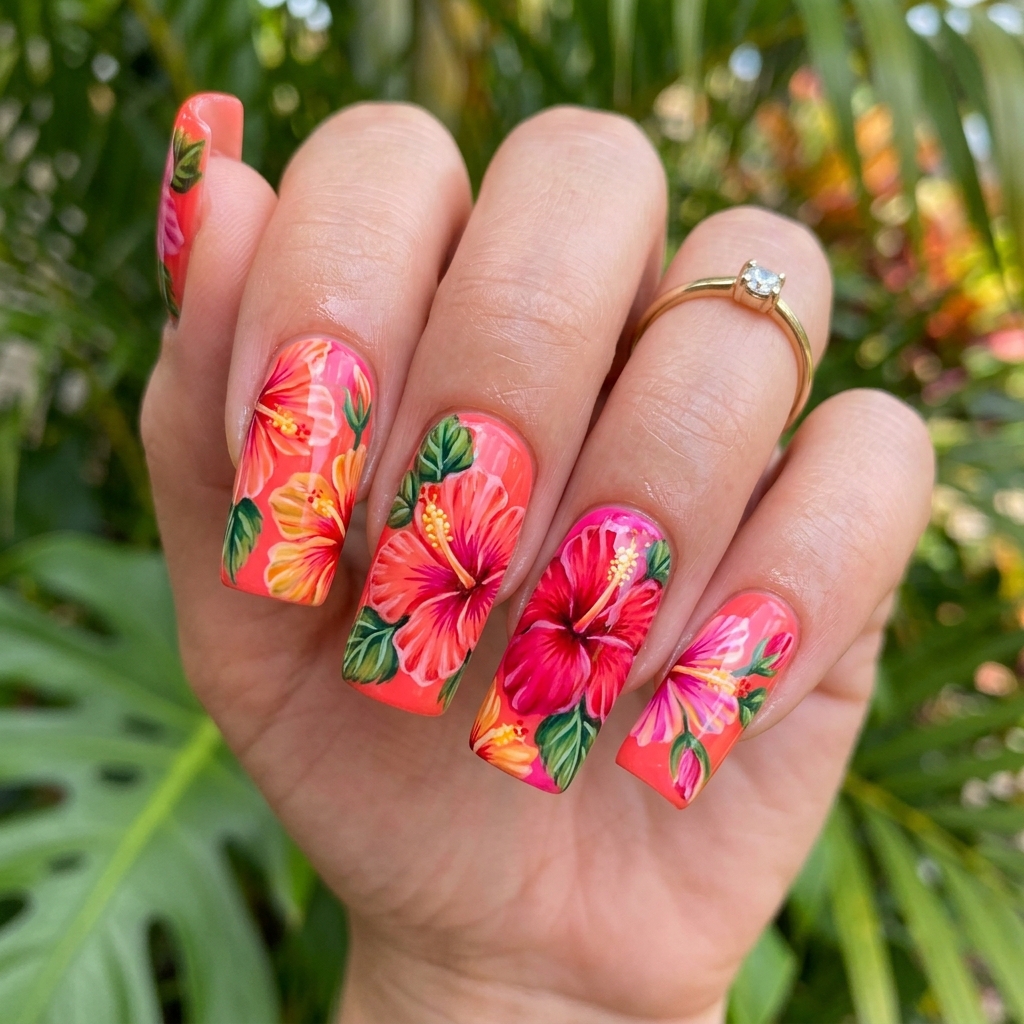 Bold Hibiscus Statement Nail Ideas