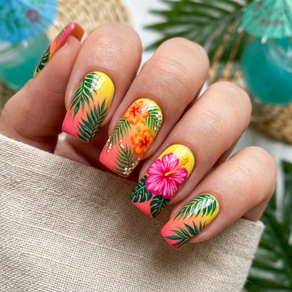 Tropical Hibiscus Nail Ideas