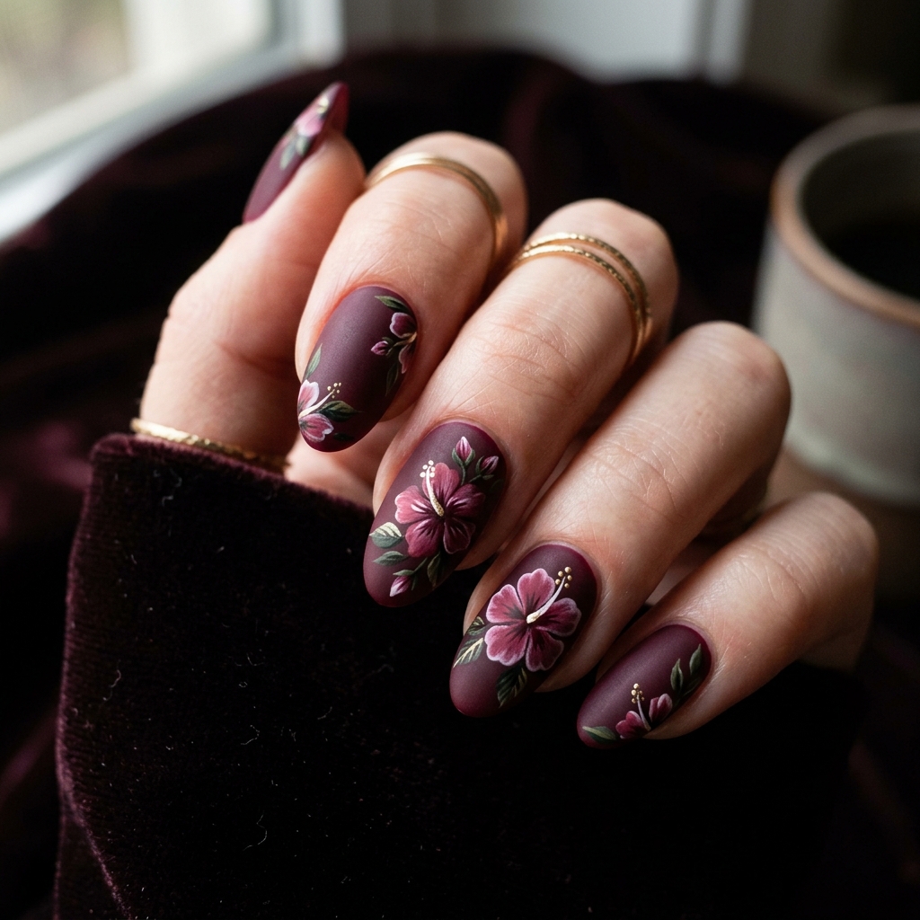Matte Art hibiscus flower nails Ideas