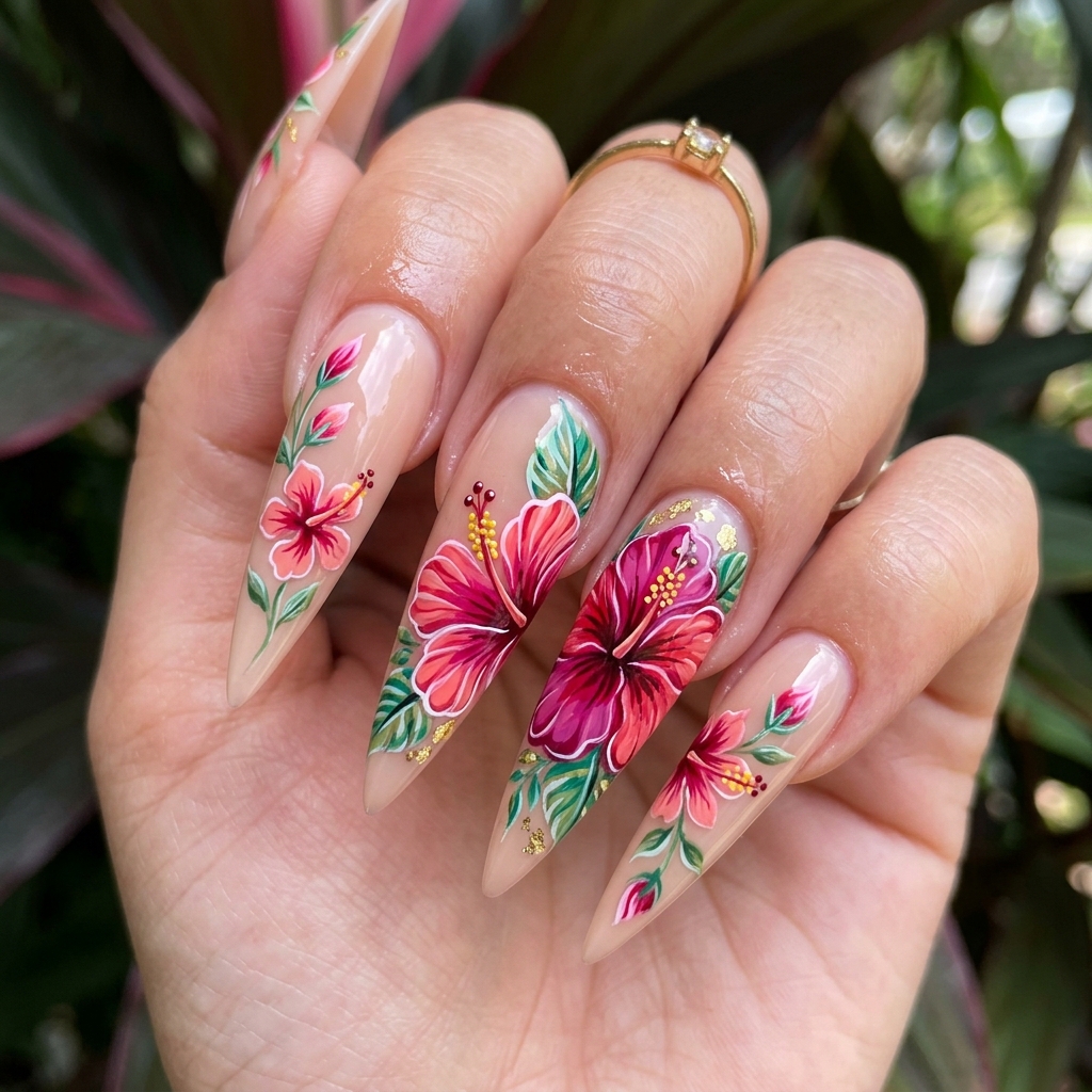 Hibiscus Nail Art for Long Nails Ideas