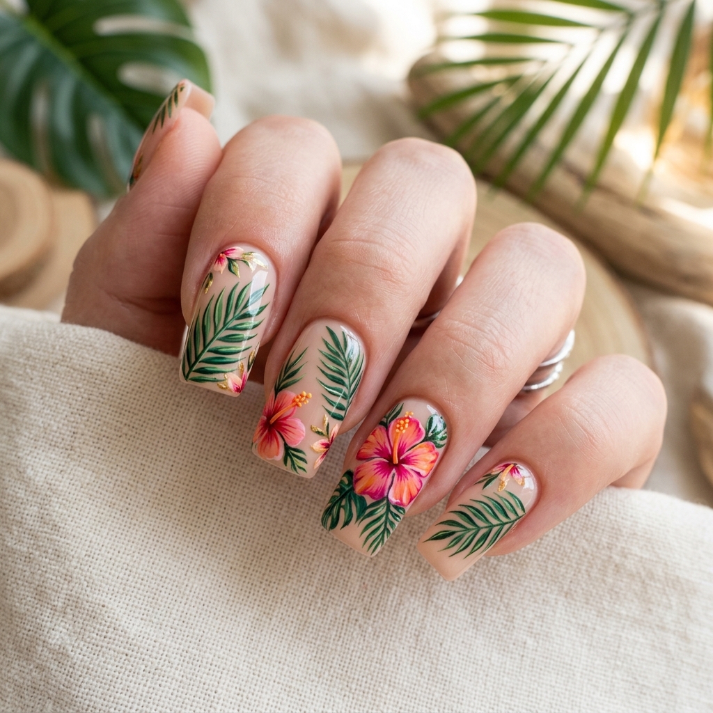 Hibiscus and Palm Leaf Nail Ideas